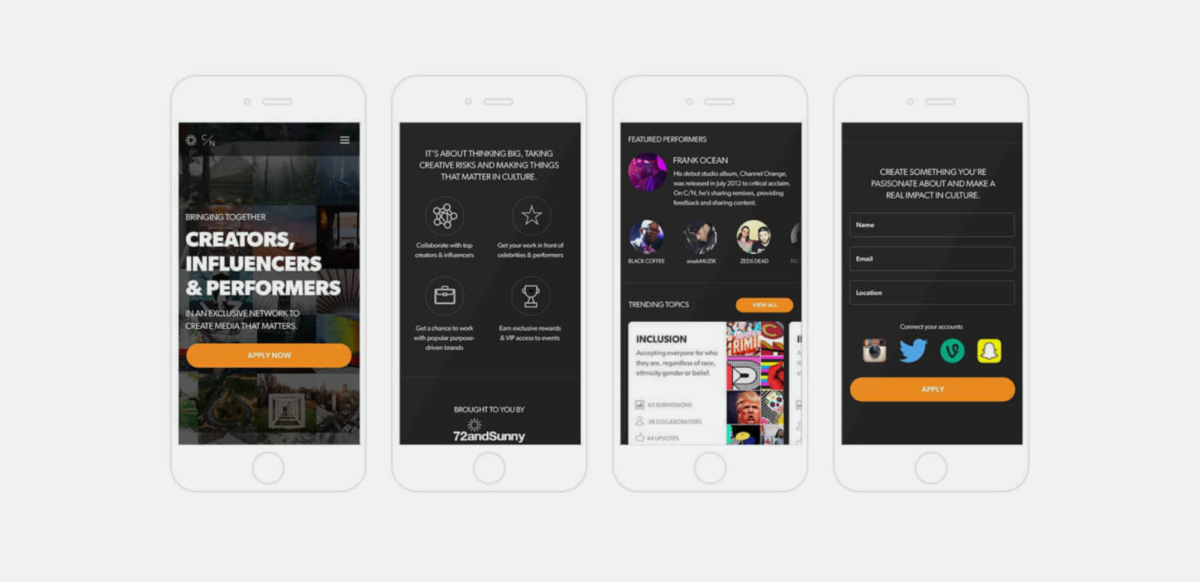 lineup of 4 phone screens of the 72and Sunny app.